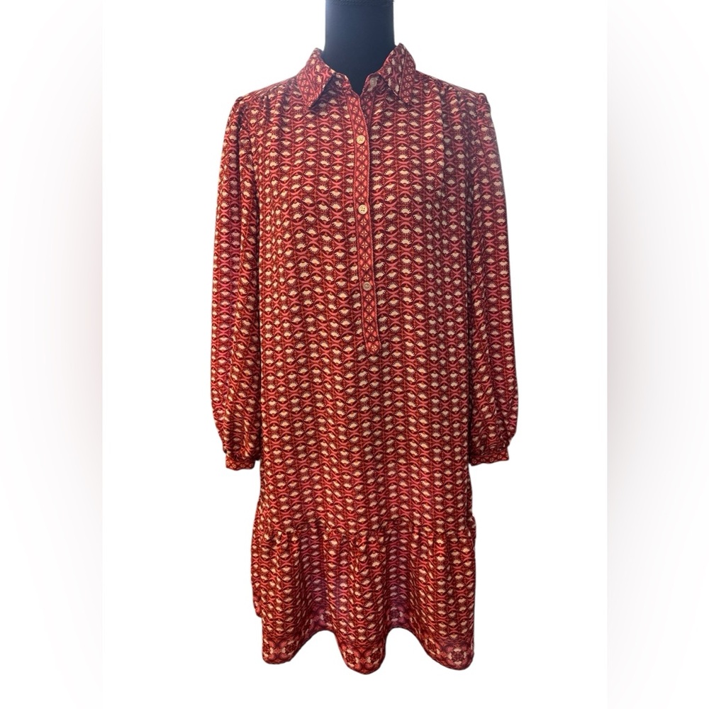 Max Studio Womens Long Sleeve Dress Large  Red Pink Print Pullover Knee Length